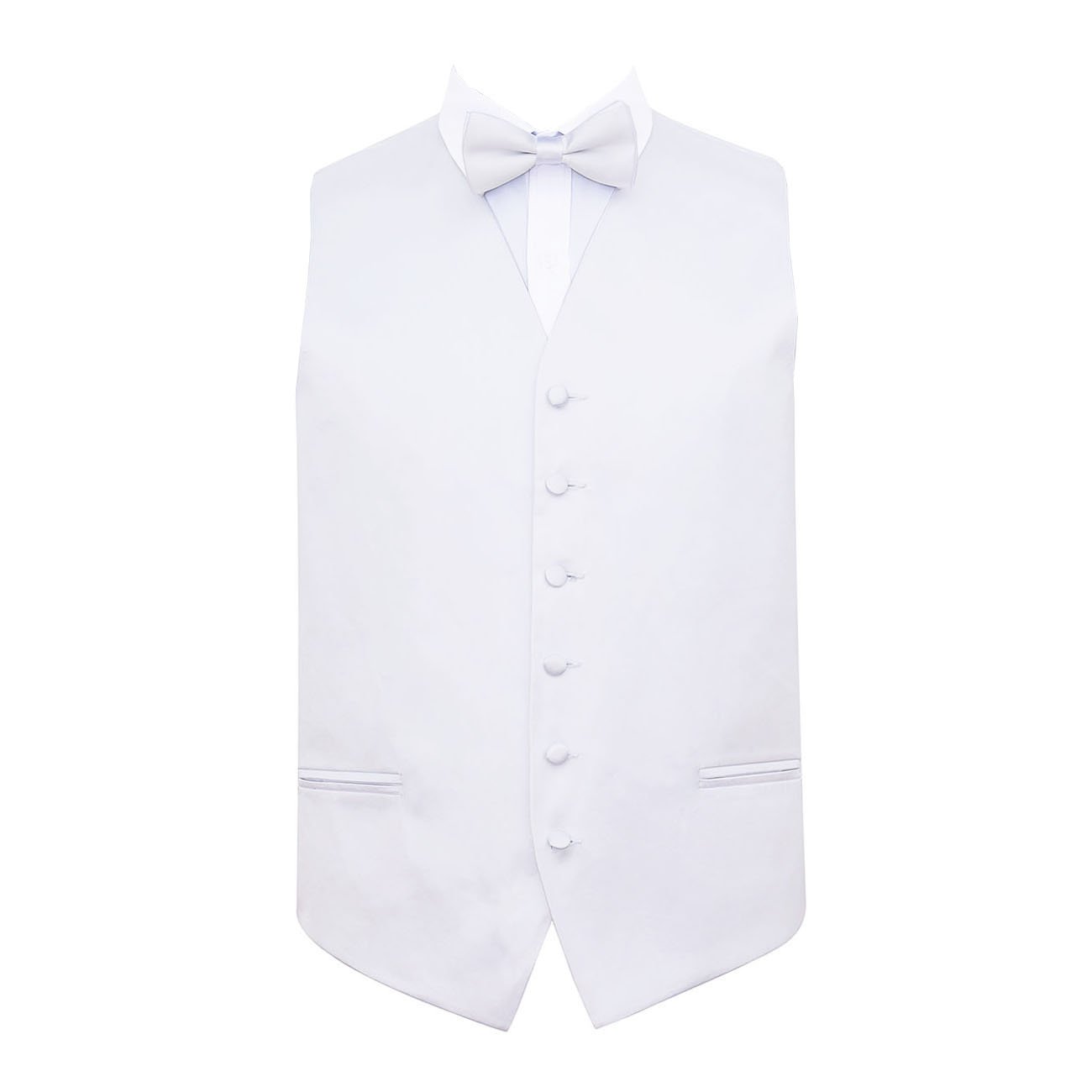 DQT Mens Plain Satin Waistcoat & Pre-Tied Bow Tie Set (2pc) - Wedding, Business & Formal - White 48" (4XL)