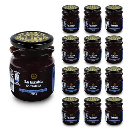 LA ERMITA MermeFruta de Arándanos, Compota Estilo Mermelada con 75% Fruta, Bajo en Azúcar, Sin Gluten ni Conservantes, Tarro de Vidrio 275 g (Pack 12 unidades)
