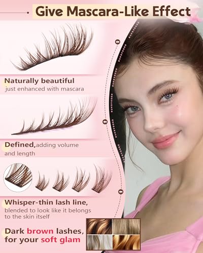Image of Brown Wispy Eye Lash Clusters Kit Natural Cluster Eyelash Extensions Kit False Eyelash Clusters Fluffy DIY Individual Lash Extensions Kit C Curl