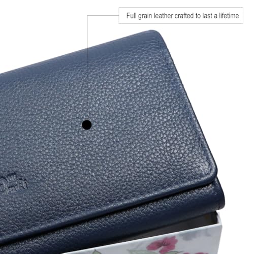Image of Women's Top Grain Leather Wallet, RFID Blocking Bifold clutch, 17 Card Slots, Zip Pocket Organizer, Elegant Gift for Women - Birthday, Valentine, Anniversary - NAVY