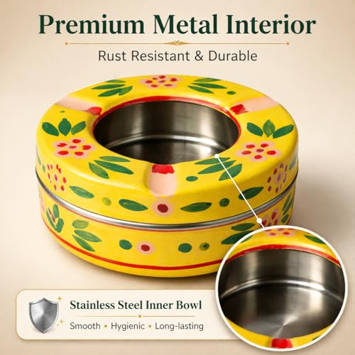 Image of iHandikart Handpainted Ash Tray 4x2 Inch | Metal Ashtray for Home, Table & Car Use | Multicolour Decorative Ashtray | Handmade Smoking Accessories for Indoor & Outdoor Use(Yellow)
