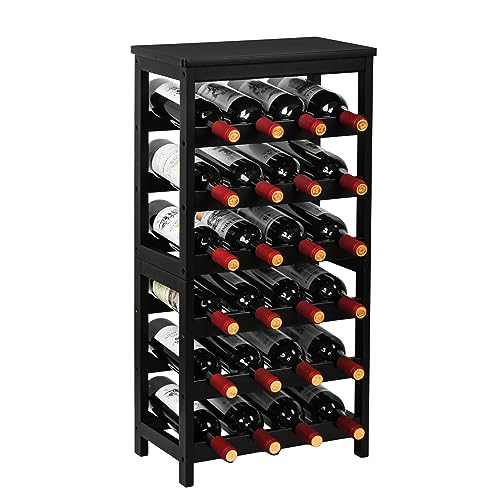 VASMIA Wine Rack Freestanding Floor, 6-Tier Display Wine Storage Shelves with Table Top, 24-Botttle Bamboo Wine Rack Shelf for Kitchen Bar Dining Room Living Room, Black