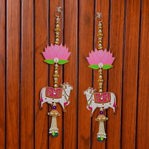 Image of CraftVatika Pichwai Cow with Lotus Wall Hanging Latkan for Door Wall Decoration, Diwali Decor Items, Diwali Decoration for Home, Festival Decorations Items, Pichwai Cow Hanging- 15 Inch,1 Pair