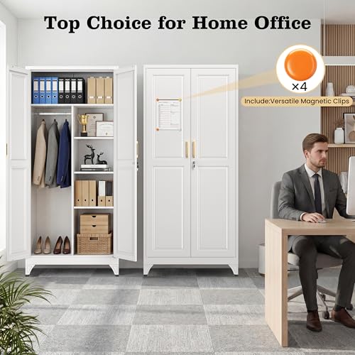 71" White Metal Wardrobe Closet with Lock, Tall Storage Cabinet with Hanging Rod & 3 Adjustable Shelves, Heavy Duty Steel Armoire for Bedroom, Laundry, Home Office, Minimalist Design - Image 5