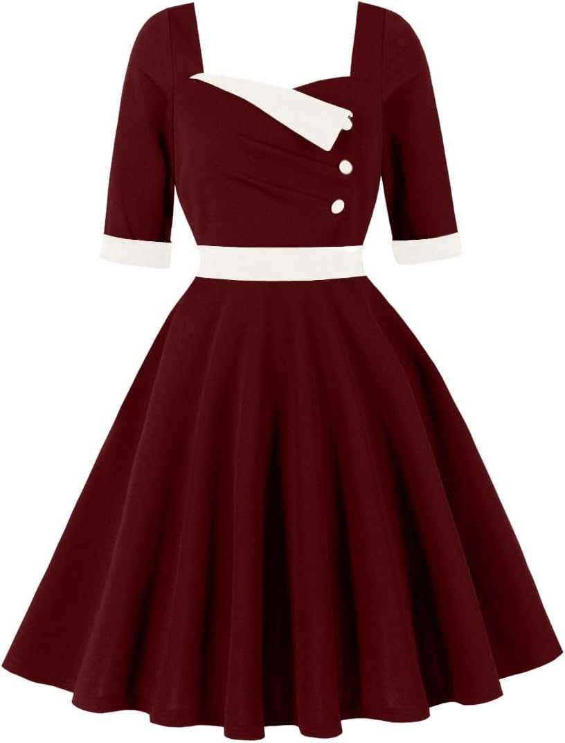 Wellwits Women's Half Sleeves Square Neck Short Vintage Party Dress
