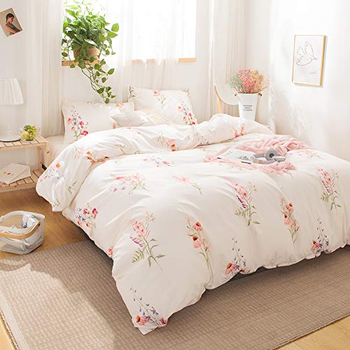 Merryword Botanical Floral Bedding Pink Flowers Duvet Cover Set Pink Orange Purple Flowers Printed French Country Style Bedding Sets Queen 1 Duvet Cover 2 Pillowcases (Queen, Offwhite) #TOP1