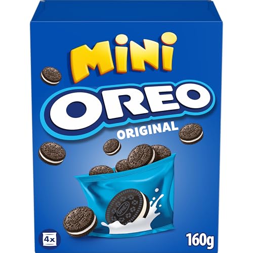 Oreo Mini Galletas de Cacao Rellenas de Crema Sabor Vainilla, tus Galletas Clásicas en Versión Mini, Paquete con 4 Bolsitas Individuales, 160 g