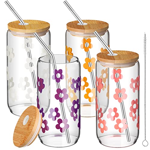 Rtteri 4 Pieces Cute Daisy Glass Cup With Lids And Straws 16Oz Can Shaped Drinking Glass Bamboo Lid Straw Iced Coffee Cup Beer Can Glass Cute Glass Tumbler For Coffee Soda Soft Drink Women Gift #TOP6