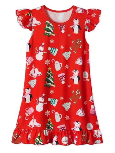 WonderBabe Girls Christmas Nightgowns Kids Flutter Short Sleeves Nightdress Nightie Dress Sleepwear Pajamas for Little Girls size 5-6t Red