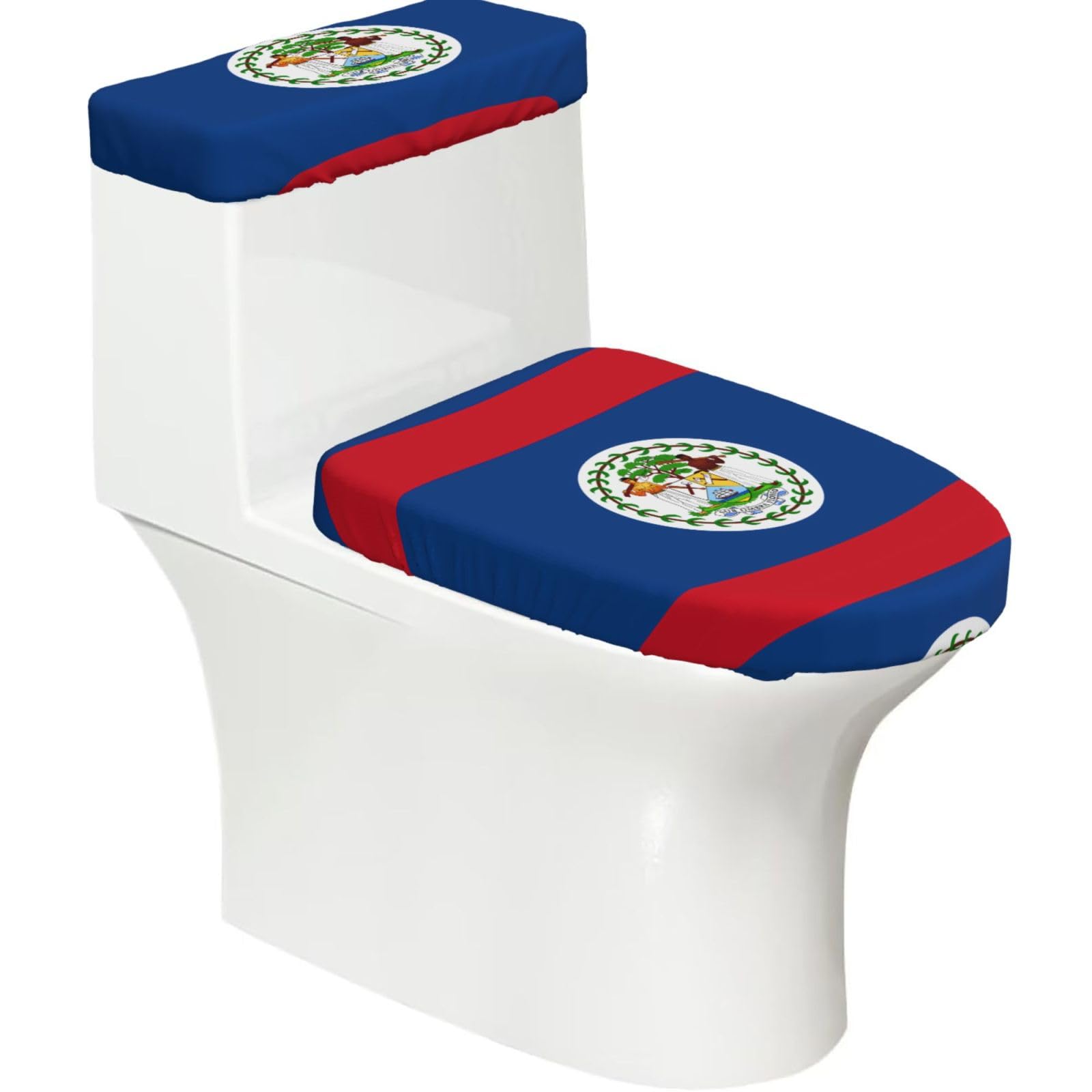 Belize Flag Elastic Toilet Cover Set of 2-Stretchy Lid and Tank Covers for Bathroom, Soft Washable U Shape Toilet Decor