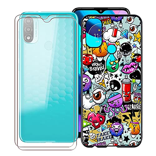 KJYF XS40 Protective Case Black Bumper TPU Cover + 2 Pieces Screen Protector for Motorola Moto E20 (6.5 Inches) Tempered Glass Film + Silicone Shell Mobile Phone Case