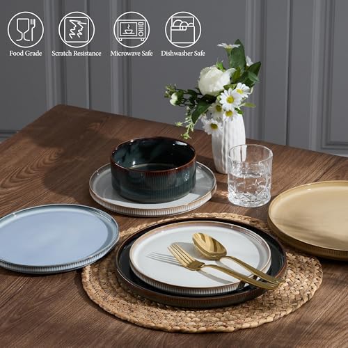 Image of E-far 12-Piece Plates and Bowls Sets, Stoneware Dinnerware Dishes Sets for 4, Kitchen Modern Dining Dishware, Chip & Scratch Resistant, Microwave & Dishwasher Safe, Multicolor