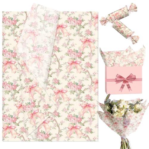JeVenis Pink Bow Tissue Paper for Gift Wrapping Coquette Bowknot Decorative Tissue Paper for Birthday Bachelorette Bridal Shower DIY Craft 50 Sheet, 14 x 20 Inch