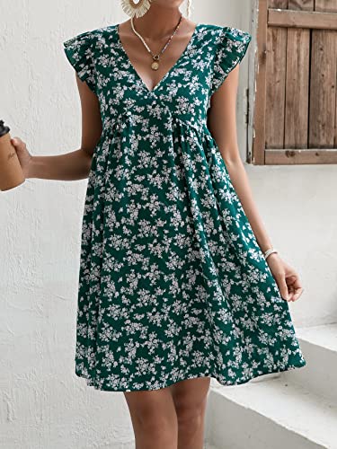 Oyoangle Women's Maternity Floral Print V Neck Cap Sleeve Ruffle Trim Flared Short Dress Green S #TOP4