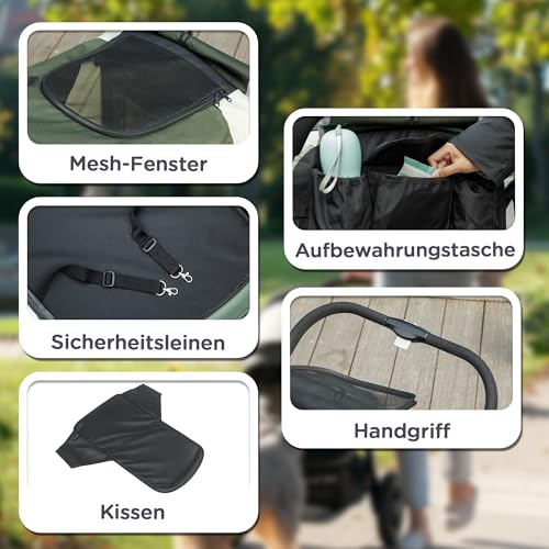 PawHut Hundewagen Hundebuggy klappbar für große Hunde & Katzen bis 30 kg Katzenbuggy mit Kissen Netzfenstern Türen Aufbewahrungstasche Katzenwagen Buggy Dunkelgrün