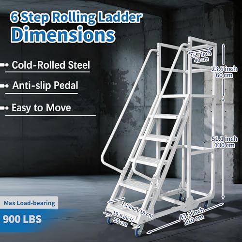 Image of 6-Step Rolling Ladder with Handrails Lockable Wheels, Rolling Stairs with 51 inch Heigh Anti-Slip Platform with Fencehail, Industrial Platform Ladder for Supermarket Warehouse Factory, 19.6 inch W x74.7 H