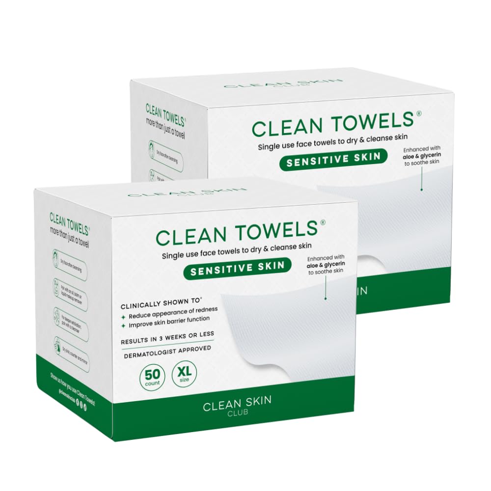 CLEAN SKIN CLUB Sensitive Skin Clean Towels® XL, Ultra-Soft Disposable Face Dry Wipes Infused with Aloe & Glycerin, XL - 2 Pack (100 count)