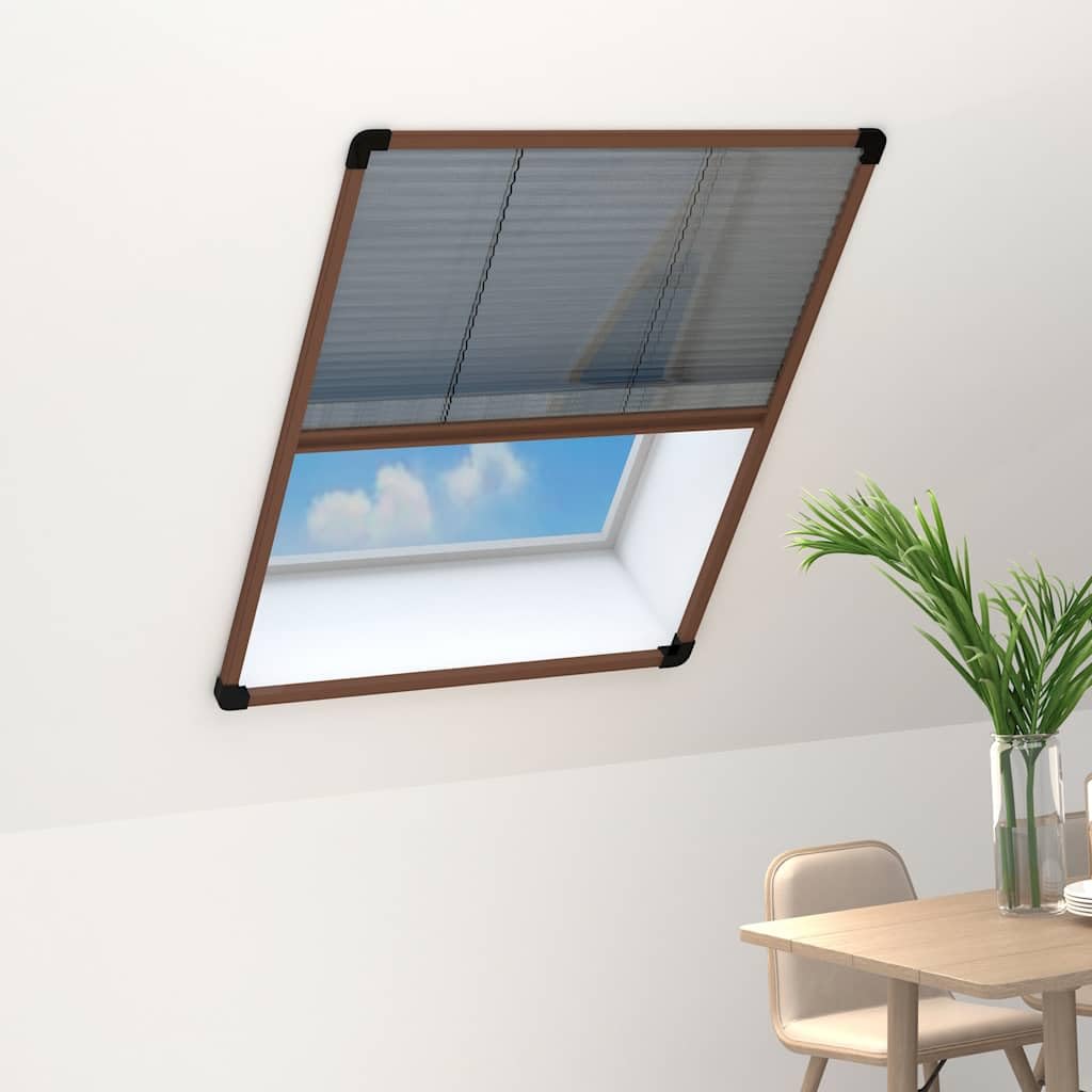 Plissee für Fenster Aluminium Braun 60x80 cm Fliegengitter Mückenschutz mit Klettband, Reißverschluss, selbstklebend, zuschneidbar für Dachfenster, Balkontür, Terrassentür