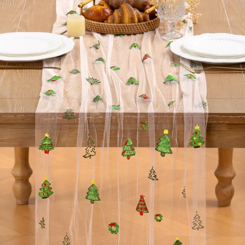 Image of Christmas Tree Embroidery Table Runner White Sheer Tulle Table Runner, 3PC
