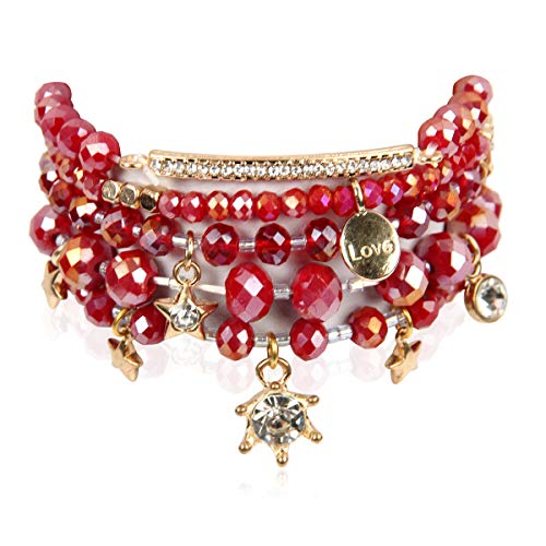 RIAH FASHION Bohemian Multi-Layer Beaded Pendant Statement Stretch Strand Bracelet - Sparkly Bead Tassel Pom Pom Star Charm Stack Cuff Bangles (Pave Bar & Sparkly Crystal Mix - Burgundy)