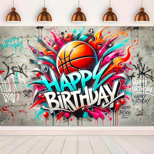 Image of BlissYard Graffiti Basketball Birthday Banner 71x43 Inch Street Art Spray Paint Sports Ball Theme Decor Banner Party Atmosphere Photography Background Indoor and Outdoor Celebration Event Decoration