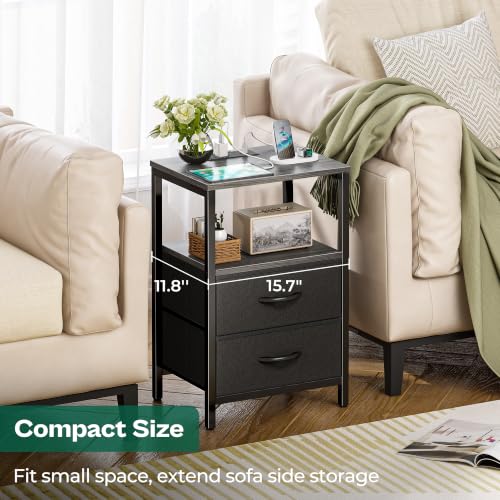 Image of Huuger Nightstand with Charging Station, Side Table with Fabric Drawers, End Table with Open Shelf, Bedside Table with USB Ports and Outlets, Night Stand for Bedroom, Charcoal Gray | End Table with Open Shelf, Bedside Table with USB Ports and Outlets, Night Stand for Bedroom, Bed Side Table, Charcoal Gray