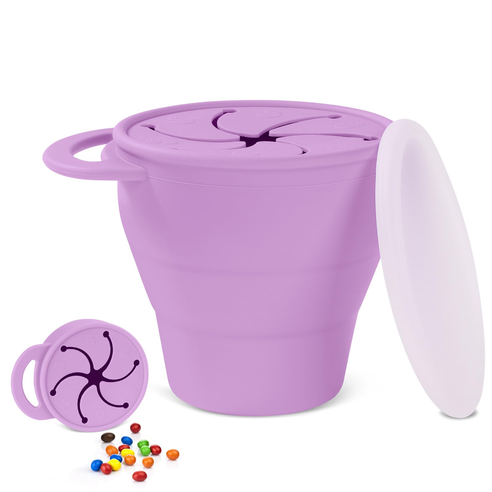 Vicloon Snack Becher, Snackbecher Silikon, Zusammenklappbarer Baby-Snackbecher aus Silikon, Praktische Aufbewahrung Greifbox mit Deckel Cup, Snack Becher Für Babys Und Kleinkinder (Lila)