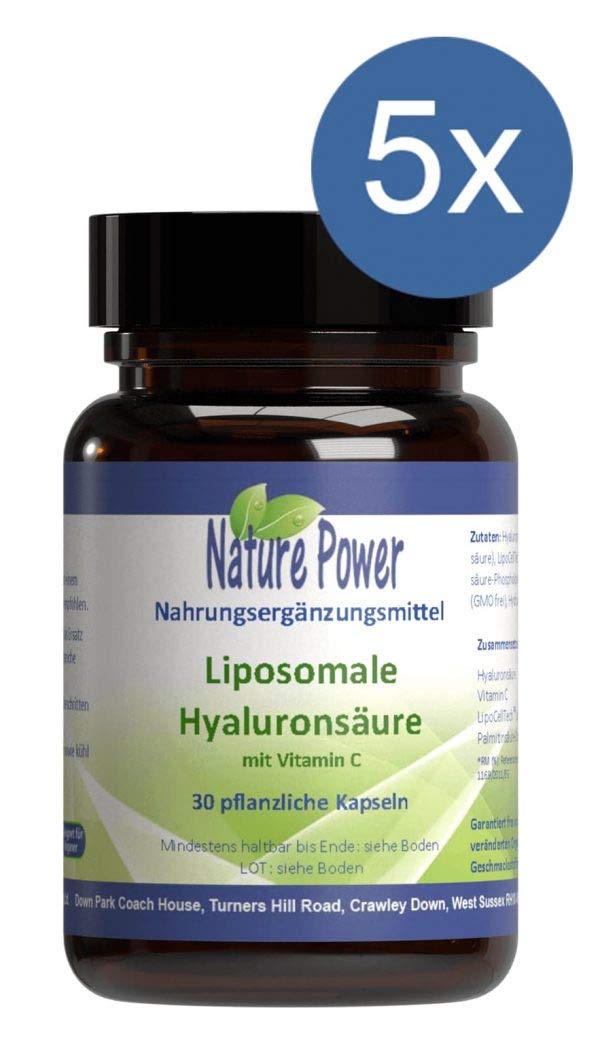 Liposomale Hyaluronsäure mit Vitamin C - Vorteilspaket im 4 + 1 Angebot - 5 x 30 pflanzliche Kapseln im Braunglas - liposomales Pulver - vegan und gentechnikfrei - von Nature Power