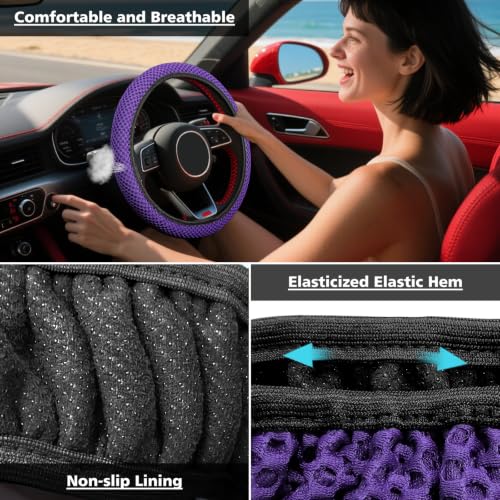 Image of KAFEEK Elastic Stretch Steering Wheel Cover, Universal 15 Inch, Purple