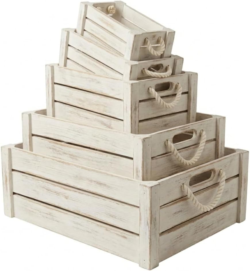 Set of 5 Rustic Nested Wooden Crates with Rope Handles - Decorative Farmhouse Storage Boxes for Kitchen, Living Room & Bathroom - Modern Wood Grain Home Organization (White Vintage)