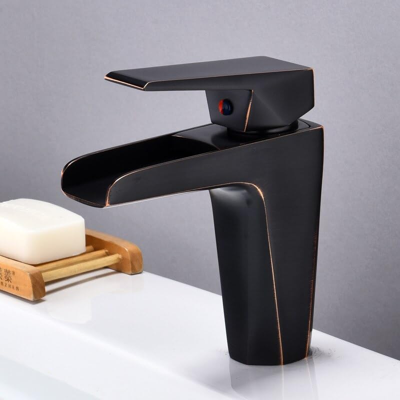 Grifo de baño de cascada corto en color negro mate con mezclador monomando de latón