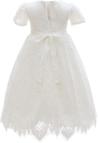 Miniatura 3 de Silver Mermaid Vestido de bautizo de encaje de manga corta para bebé niña, vestido de novia y gorro