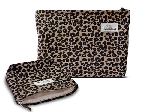 HAPPYHEIDI Makeup Bag Set 2, Travel Cosmetic Organizer, Brown Leopard Print, Cotton Blend Twill, 2-Size with Zipper, Lightweight