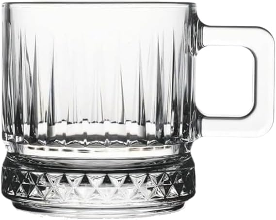 6-Piece Crystal Pattern Glass Handle Cup Set, Transparent, Diamond Cut Base, For Hot and Cold Drinks, Modern Design, Dishwasher Washable