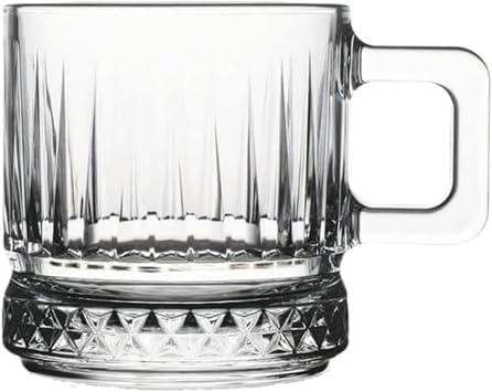 6-Piece Crystal Pattern Glass Handle Cup Set, Transparent, Diamond Cut Base, For Hot and Cold Drinks, Modern Design, Dishwasher Washable