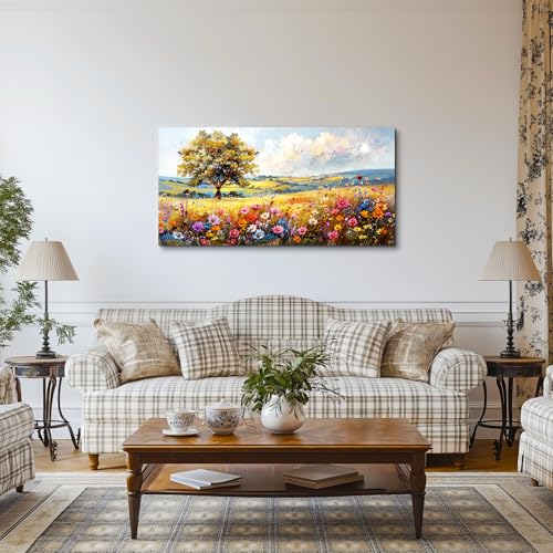 SERIMINO Nature Landscape Wall Art, Rustic Meadow Wildflower Tree Artwork for Walls, Cottagecore Aesthetic Pictures Large Canvas Art Wall Decor Living Room Bedroom Dining Room Prints 24X48 Inch