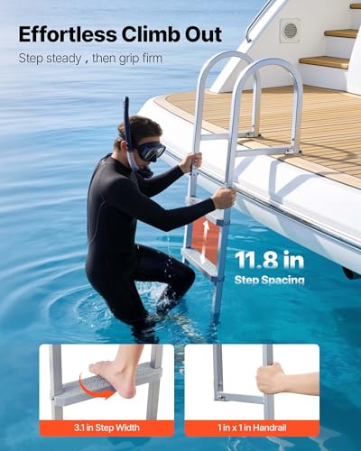 Image of VEVOR Removable Dock Ladder, 3 Steps, Aluminum Alloy Pontoon Boat Swim Ladder, with Non-Slip Wide PP Steps, 500 lbs Weight Capacity, Quick Release Design, for Lake Swimming, Pool, Marine Boarding