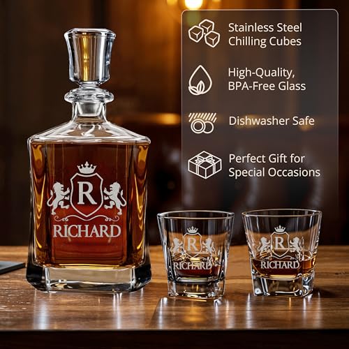 Custom Engraved Monogram Whiskey Decanter Gift Set – 23 oz Liquor/Bourbon Decanter with Glasses, Whiskey Stones & Tongs – Premium Whiskey Gift for Men, Husband, Dad, or Boyfriend - Image 4