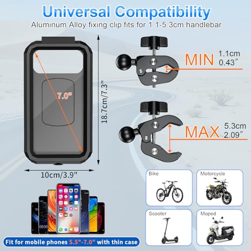 BTNEEU Soporte Móvil Moto Impermeable Porta Telefono Bicicleta con 720º Giratorio Brazo Extensible Metálico Pantalla Táctil Antivibración Soporte de Manillar para 5,5-7,0" Smartphones (Negro) - imagen 7