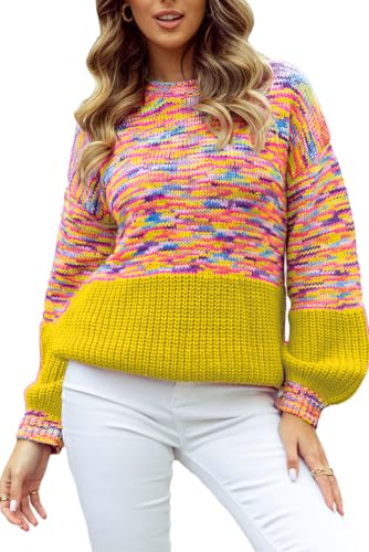 KevaMolly Womens Long Sleeve Sweaters Yellow Rainbow Confetti Drop Shoulder