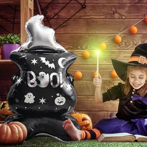 Image of AMFIN (Pack of 1) 44 Inch Halloween Boo! Balloon Giant Self-Standing Foil Cauldron Balloon with Ghost & Pumpkin Design - Inflatable Party Decoration for Haunted House, Yard & Photo Booth - Black