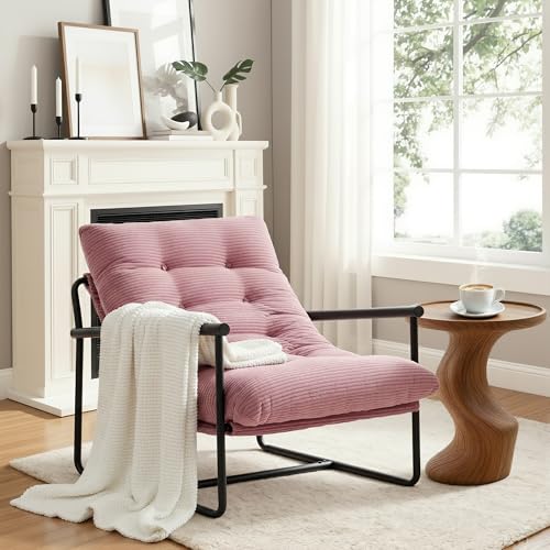 Image of Modern Accent Chair for Living Room,Arm Chair with Metal Frame,Upholstered Armchair with Soft Cushion for Bedroom Lounge Reading Room (Pink)