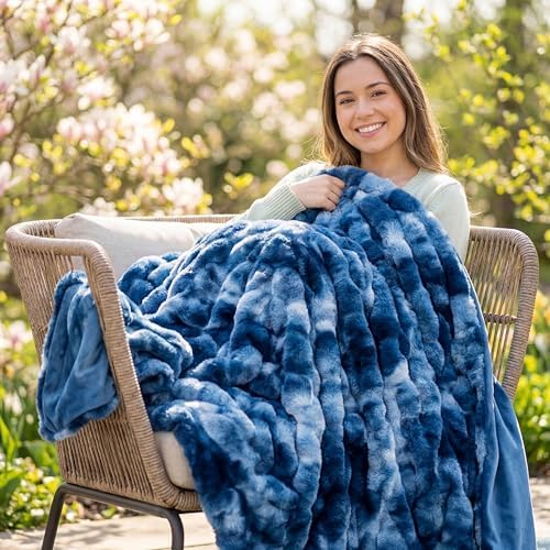 Faux Fur Bubble Throw Blanket | 1000 GSM Fluffy Soft Thick Plush Blanket | Fuzzy Cozy Warm Throw for Couch Sofa Bed Bedroom Living Room | Reversible Velvet | 50x60 | (Tie-Dye Blue)