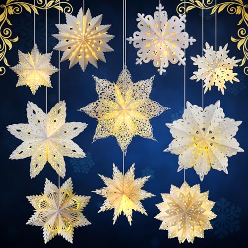 Mudder 10 Pcs Snowflake Paper Lantern Paper Star Lantern with 14 LED Light Paper Lamp Frozen Party Hanging Decoration for Christmas Weddings New Year Birthday Holiday Celebration, White