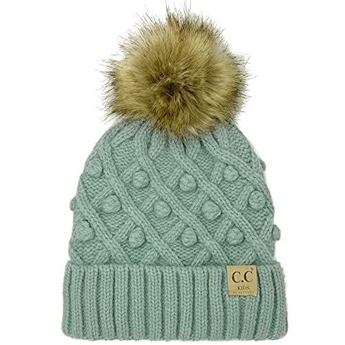 Kids CC Ages 2-7 Sherpa Lining Pompom Thick Stretchy Knit Beanie Cap Hat (Handmade Bobble Winter Mint)