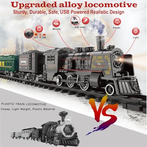 Image of Electric Train Sets for Kids Metal Alloy Christmas Train Toys Steam Locomotive, Glowing Passenger Carriages, Luxury Tracks, Light & Sounds Rechargeable Birthday Gifts for Boys Girls Red Green