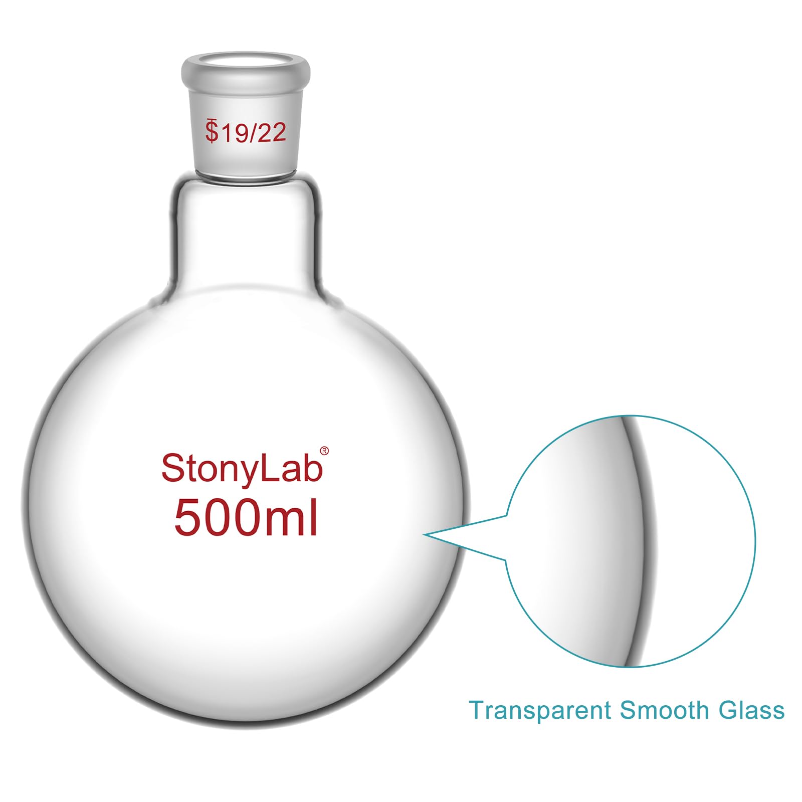 StonyLab Frasco RBF de borosilicato vidrio redondo, cuello redondo, 500mL, con junta exterior estándar 19/22-500ml