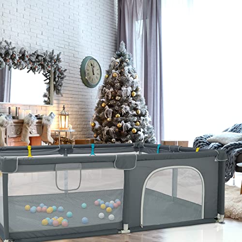 Heao 79X59” Baby Playpen Xxl Light Playard With Gate Travel Bag &30Pcs Pit Balls Indoor & Outdoor Toddler Playpen Sturdy Safety Baby Playard Dark Grey #TOP1