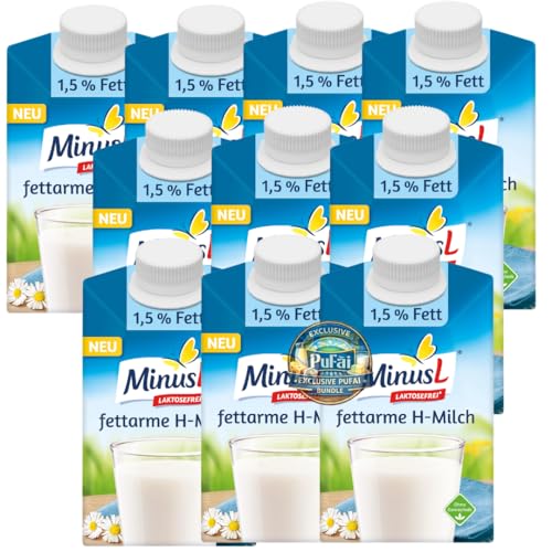 PUFAI Bundle Minus H-Milch 1 5% Fett 500 ml x 10 | Laktosefreie fettarme Milch | Ultrahocherhitzt & haltbar