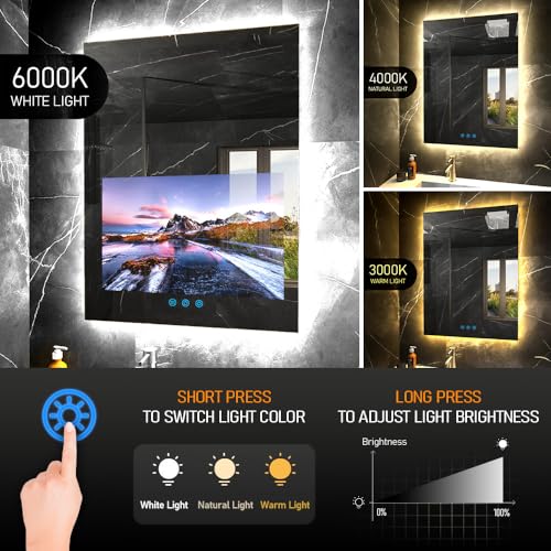 Image of 32 inchx24 inch Smart Waterproof Anti-Fog Vanity Mirror with Built-in 21.5 inch Touch Display, Android OS, Adjustable 3-Color LED, Bluetooth /WiFi /HDMI, Streaming Apps for Bathroom & Bedroom